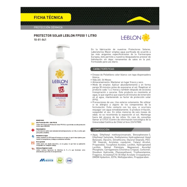 Bloqueador Protector Solar Leblon Factor 50 Envase 1 Lt